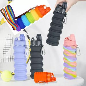 Foldable 16oz Rainbow Silicon 500ml Water Bottles Outdoor Creative Telescopic Portable Water Bottle Leakproof Sports Cup with Strap SS1105