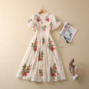 2022 Autumn Round Neck Lace Floral Print Embroidery Dress Ivory Lantern Sleeve Panelled Mid-Calf Midi Casual Dresses S2N032332 Plus Size XXL