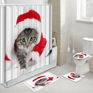 Shower Curtains Christmas Cats Waterproof Bathing Curtain Set with Hooks Toilet Cover Bath Mat Bathroom Nonslip Rug Carpet Decor 221104