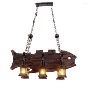 Pendellampor 6 ljuskrona loft vintage trä fisk form dekorativ industriell hängande ljus inomhusljus