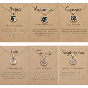Dia e noite colar signo do zodíaco para mulheres 12 constelação contas pingente corrente gargantilha jóias de aniversário feminino cartão de papelão