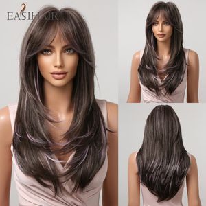 Long Straight Brown Mixed Purple Synthetic Wigs with Bangs Highlight Blonde Layered Wigs for Women Daily Heat Resistantfactory direct