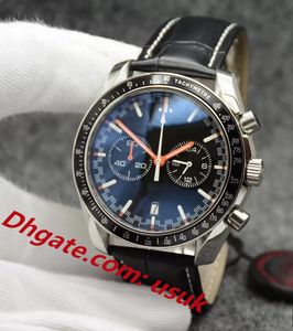 Relógios masculinos de qualidade 3A 44 MM Quartzo Cronógrafo Data Relógio masculino Mãos vermelhas Pulseira de couro preto Moldura fixa com um anel superior mostrando marcações de taquímetro