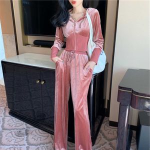 Women's Tracksuits Two Piece Set Women Autumn Winter Streetwear Long Sleeve Jacket Pants Sets Juicy Tracksuit 2024 Summer Brand Sewing Suit Velvet Velour Women