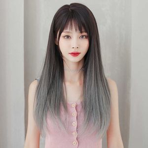 Hair Lace Wigs Women's Hair Slanting Bangs Side Parting Fashion Gradient Gray Long Straight Head Wig Cover