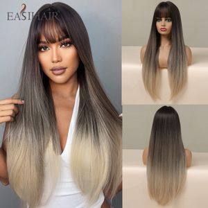 Ombre Brown Long Straight Synthetic Wigs with Bang Natural Daily Cosplay Party Hair Wigs for Women Heat Resistant Fiberfactory direct