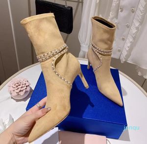 Stiefeletten Schuhe Designer Schuhfabrik Schuhe Nude Stiletto Heels Leder Kristall Perle Dekoration Schnalle Riemen spitze Zehen Booties Luxus für Frauen