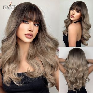 Ombre Brown Long Wavy Synthetic Wigs with Bang Ash Brown Blonde Natural Hair Wig for Women Daily Cosplay Heat Resistantfactory direct
