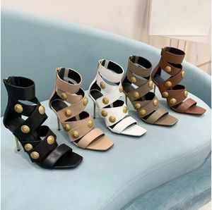 Roni Button Cowhide Stileetto Heels Sandals Zip Square Head Pumps Metal Round Bottons High Heel Sandal Luxury Designers Shoe Women Factory Footwear