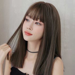 Haar Spitze Perücken Damen Haar Air Bangs Schwarz Unsichtbare Simulation Perücke Natürliche Lange Gerade Kopf Set