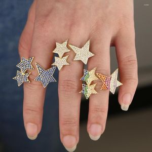 Pierścienie klastrowe Regulowane rozmiar Hip Hop Five Star Women's Gold Srebrny kolor wielokolorowy sześcienne cyrkon Pierścień biżuterii Prezenty