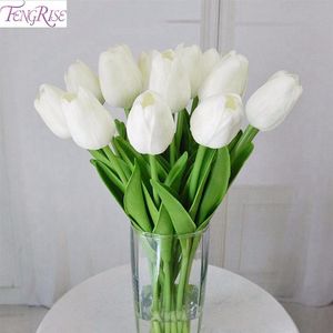 Fengrise 30pcs PU Mini Tulip Real Touch Flowers Flor artificial para fiestas Bouquet Flores decorativas de boda Coronas C18112601319y