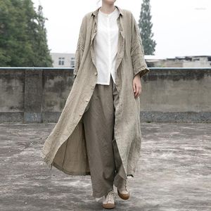 Women's Trench Coats Johnature Women Vintage X-Long Solid Color Linen Turn-down Collar Button 2022 Autumn Wide-waisted