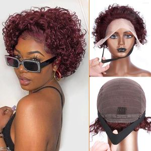 Dark Wine Red Curly Lace Front Wig Short Pixie Cuts Remy Human Hair Burgundy 99J Wigs Jerry Curl With Elastic Band