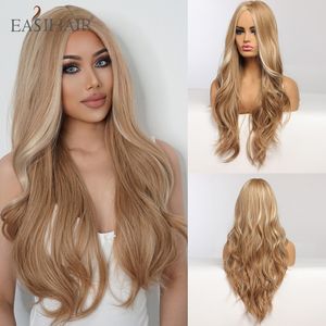 Markera blondin gyllene vågiga syntetiska peruker mittdel naturliga långa hårstrån för kvinnor dagliga party värmebeständig fibrerfaktorisk direkt