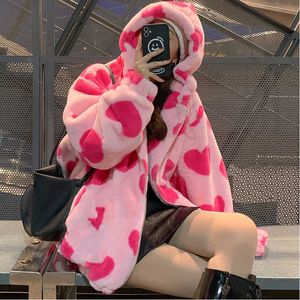 Kvinnorjackor Kvinnokläder 2021 Fashion Pink Kawaii Winter Plush Heart-Shaped jacka Pappa överdimensionerad Zipup Hoodie Långärm E-GIRL Y2K TOP T221105