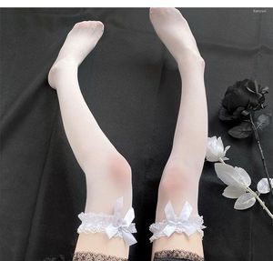 Calzini da donna Puro adorabile fiocco sopra il ginocchio Lolita bianco sexy reggicalze tubo di seta alta coscia carina calza da cameriera calze trasparenti