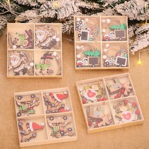 Weihnachtsdekorationen, 1 Display-Box mit 12 Stück, Baumanhänger, Weihnachtsmann, Schneemann, Rentier, aus Holz, fröhliche Weihnachten