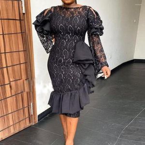 Plus Size Dresses Fashion Style Solid Round Neck Off Shoulder Long Sleeve Ruffle Design Lace Midi Dress