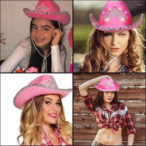 Basker mode cowboy rosa hatt flickor födelsedagsfest kepsar fjäder paljett dekoration krona tiara för kvinnor