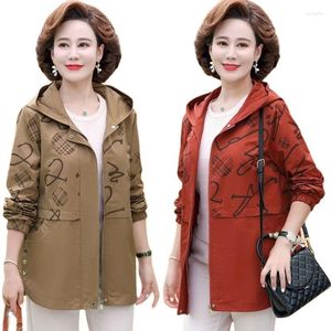 Kvinnors trenchrockar Spring Autumn Women Coat Fashion Print Hooded Overcoat medel￥lders ￤ldre m￶drar Kl￤der Vindbrytare Kvinnliga toppar 5xl