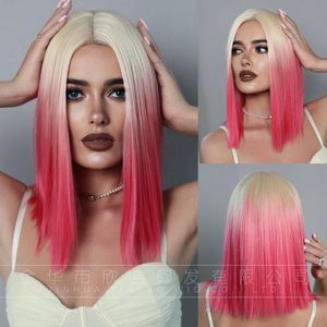 Hair Lace Wigs Bob Wavy Pink Gradual Change Short Straight Hair Hand Woven Flat Lace Head Wig