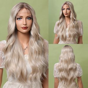 Długa fala wodna syntetyczne koronkowe peruki przednie mieszane brązowe blond ombre środkowa część odporna na ciepło peruki dla kobiet bezpośrednio
