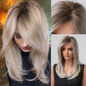 Medium Length Straight Synthetic Wigs Silver Gray Side Bangs Hair Wigs for Women Daily Ash Cosplay Wigs Heat Resistantfactory direct