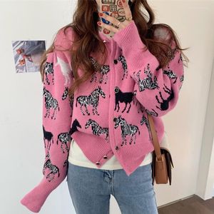 Kvinnors stickor Suetter de Mujer Autumn O Neck Puff Long Sleeve Zebra Cardigan Sticked Jacket Pink Retro Jacquard Cartoon Anime Sweater Top