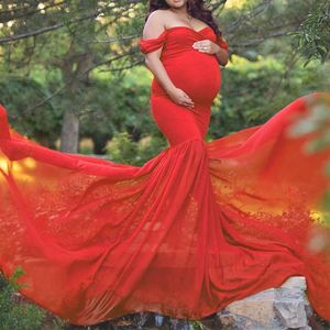 Tulle moderskapsklänningar för po skjuter bomullschiffong av axelklänning graviditet lång klänning poshoot gravida kvinna kläder x0902219t