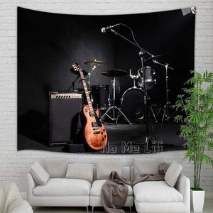 Taquestres adolescentes menino de menino musical instrumentos guitarra com bateria em arte de tapeçaria de parede preta para decorações de casa