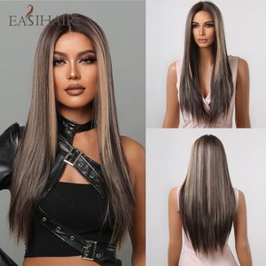 Long Straight Brown Mixed Golden Blonde Lace Synthetic Wigs Natural Middle Part Hair Wig for Women Daily Heat Resistantfactory direct