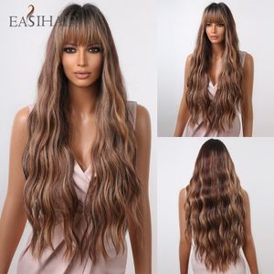 Long Water Wave Brown Golden Synthetic Wigs with Bang Chocolate Balayage Hair Wig for Black Women Daily lHeat Resistantfactory direct