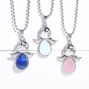 Women Fashion Pendant Necklace Angle Wing Natural Stone Crystal Lapis Tiger Eye Amethyst Green Aventurine Turquoise Onyx Gemstone Silver Chain Choker Jewlery Gift