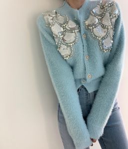 Женский o-выстрел Мохер шерстяной вязаный свитер Paillette Sequined Beasug Anthestone Patched Cardigan короткое пальто