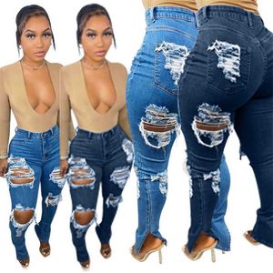 Nya Spring Womens Jeans Designer Populära trasiga elastiska delade denimbyxor