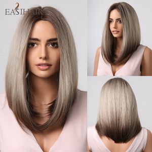 Средний прямой синтетический парики Ombre Blonde Brown Middle Part Wig для женщин ежедневно косплей теплостойкость женщин WigFactory Direct