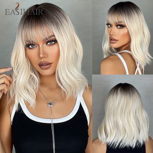 Short Ombre Blonde Synthetic Wavy Wigs with Bangs Light Platinum Shoulder Length Bob Hair Wigs for Women Heat Resistantfactory direct