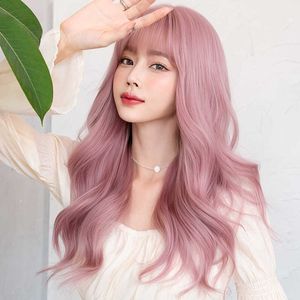 Peruca de renda de cabelo fêmea longa cabelo cacheado ita rosa cabeça grande onda de onda de rosto redondo de simulação peruca