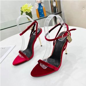 Sandals Party Shoes Leather Outsole Factory Footwear Embellished Velvet Heeled Naked Stiletto Heels Ankle Wrap 10.5Cm Metallic Heel Luxury Designers