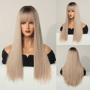 Hair Lace Wigs Qi Liuhai Women's Long Straight Hair Champagne Golden Wig Chemical Fiber hine Headgear Rose Mh 25in