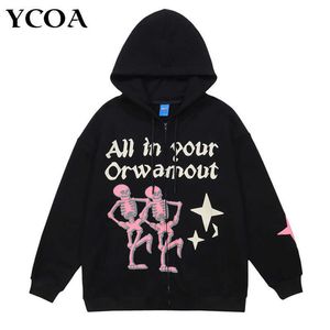 Kvinnors jackor Kvinnor Sweatshirts Zip Up Hoodie Overdimensionerad skelett Korean Fashion Graphic Jackets Gothic Streetwear Grunge Harajuku Y2K kläder T221105