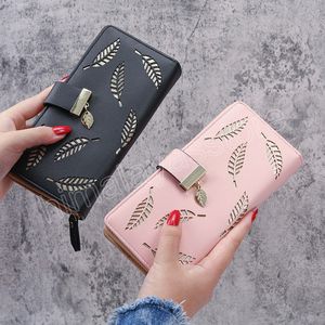 Koreanska kvinnors plånbok Fashion Clutch Bag Female Leather Coin Purse Card Holder Hollow Leaf dragkedja Långt plånbok