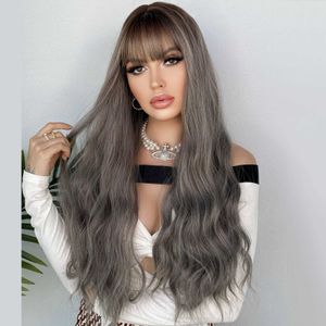 Perucas sintéticas cinza mudança gradual peruca de cabelo longo feminino ondulação franja longo cabelo encaracolado fibra química peruca capa 26 polegada