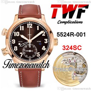 GRF Calatrava Pilot Travel Time Compalitications Mens Watch Cal.324 Sc Ful A324 Automatic 5524R-001 Rown Dial Rose Gold Case 5524 Brown Leather Strap TimeZoneWatch