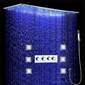Bathroom LED Shower Set 500x1000MM Ceiling Large Rain ShowerHead Panel Thermostatic Shower Faucets With Massage Body Jets255f