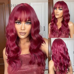 Wine Red Water Wave Synthetic Wigs with Bangs Medium Length Burgundy Hair Wigs for Women Daily Natural Heat Resistantfactory direct