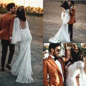 2023 Abiti da sposa a sirena in pizzo Abito da sposa Maniche lunghe Smerlato Scollo profondo Scollo a V Indietro Custom Made Beach Country Plus Size vestido de novia