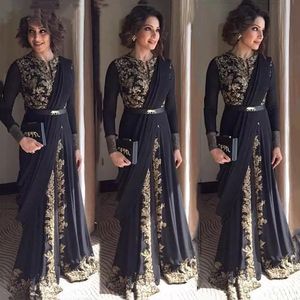 Elegant Split Front Black Evening Formal Dresses Arabic Indian Moroccan Kaftan Prom Party Gowns Gold Lace Appliques Long Sleeves Special Occasion Outfit 2023