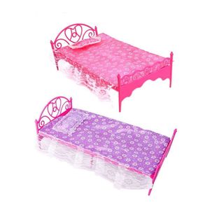Fashion Plastic Bed Bed Bedroom Möbler för Barbie Dolls Dollhouse Pink eller Purple Girl Birthday Present